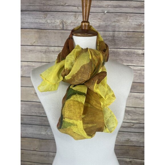 Van Gogh Museum Scarf RARE Sunflowers Yellow Green Boho Lightweight Rectangle - Picture 5 of 10